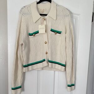 Preppy Cream Knit Cardigan with Green Accents